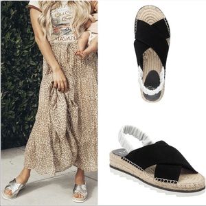 Black Leather Slingback Espadrille Wedge Sandals
